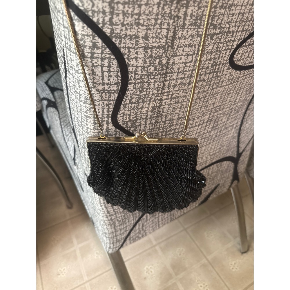Vintage Black Beaded Shell Clutch Bag Gold Chain Strap Evening Formal Wedding